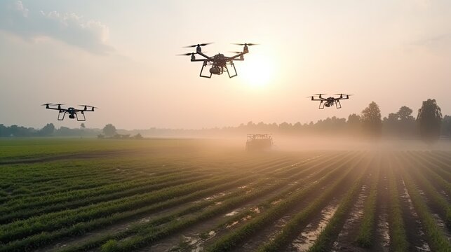 drones over the agricultural field, spraying, generative AI