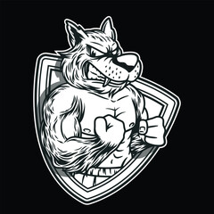 Wolf fitness mascot logo Black and White illustration