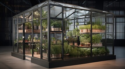 Fototapeta na wymiar a modern glass greenhouse with plants, generative AI