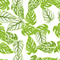 Jungle leaf seamless pattern. Exotic botanical texture. Floral background. Decorative tropical palm leaves wallpaper.