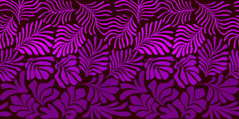 Purple gradient abstract background with tropical palm leaves in Matisse style. Vector seamless pattern with Scandinavian cut out elements.