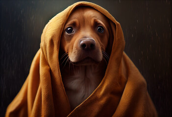 dog in yellow towel. Generative Ai