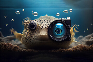fish is a photographer, fish eye concept. Generative Ai