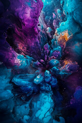 "Cosmic Explosion": Create a fluid art image that features deep purples and blues, with pops of bright white or metallic accents, abstract