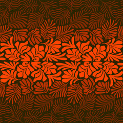 Orange red gradient abstract background with tropical palm leaves in Matisse style. Vector seamless pattern with Scandinavian cut out elements.