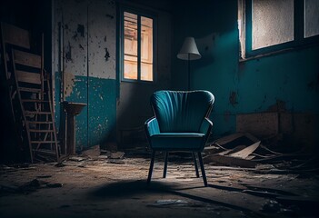 Fototapeta na wymiar Konzept Depression, Isolation, Einsamkeit, Quarantäne: Stuhl in dunklem Raum mit Licht. Generative AI