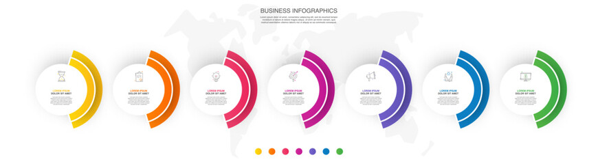Fototapeta premium Business vector infographics with 7 circles and icons. Timeline visualization with seven steps for diagram, flowchart, banner, presentations, web, content, levels, chart, graphic