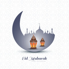 Eid mubarak moon and mosque celebration card backgrpound
