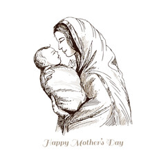 Hand draw sketch mothers day for woman and child love card background