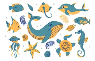 Fensteraufkleber Unter dem Meer Cartoon sea animals. Inhabitants of the sea world, cute, funny underwater creatures dolphin, seahorse,whale, turtle, jellyfish.Set of underwater marine life vector illustrations.