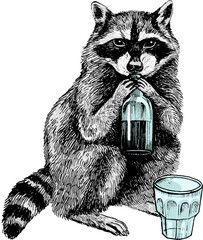 Hand Drawn Raccoon With Bottle. Sketched Illustration © helenreveur