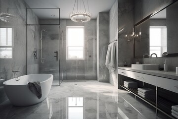 Naklejka na ściany i meble Luxurious and Modern Gray-Toned Bathroom with Glass Shower and Freestanding Tub, Generative AI