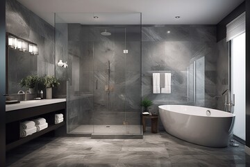 Luxurious and Modern Gray-Toned Bathroom with Glass Shower and Freestanding Tub, Generative AI
