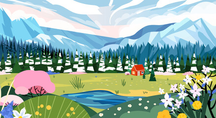 Spring panorama of beautiful landscape, green grasslands meadow with flowers, forest, small blue lake, mountains on horizon background. Summer mountain valley landscape vector illustration