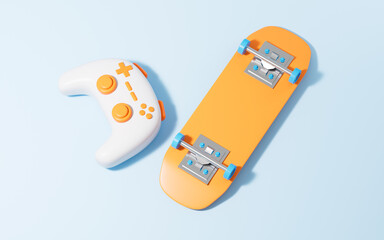 Skateboarding and gamepad in the blue background, 3d rendering.