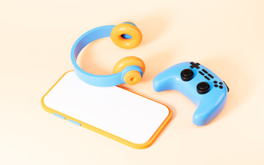 Cartoon gamepad and headset in the yellow background, 3d rendering.