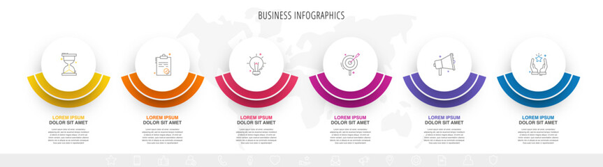 Vector infographic design template. Modern timeline concept with six steps, circles. Vector illustration used for diagram, workflow layout, banner, webdesign
