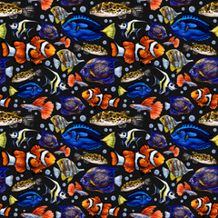 Naklejka premium Seamless pattern with colorful marine life. Tropical fish. Background for textiles, fabrics, wrapping paper, souvenirs and other designs