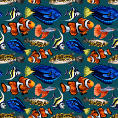 Seamless pattern with colorful marine life. Tropical fish. Background for textiles, fabrics, wrapping paper, souvenirs and other designs