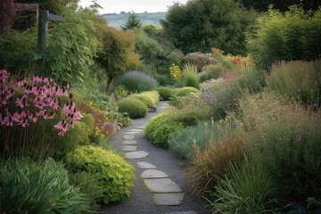 Obraz premium Tranquil Harmony: A Modern Pathway through Lush Green Home Garden with Complementary Plants and Colorful Flowers leading to Cozy Seating Area amidst Natural Landscape 4. Generative AI