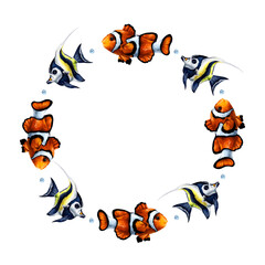 Round frame composition with underwater world and tropical fish Clown and Moorish idol. Digital illustration on a white background. For printing, stickers, posters, postcards, prints