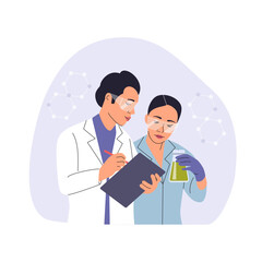 Woman and man Scientists working using digital tablet, analysing biochemicals samples in the lab. Vector cartoon flat style illustration