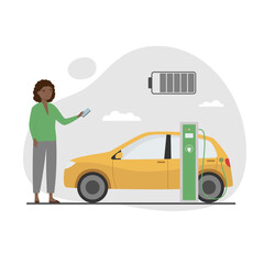 Naklejka premium Electric car near charging station. Young woman with smartphone charges her car. Green electricity energy consumption concept. Flat cartoon style.