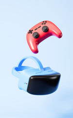 Gamepad and VR glasses virtual reality headset, 3d rendering.