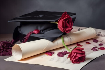 A mortarboard and a graduation scroll on the desk, education learning concept, map with dark background, generative AI.