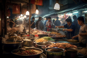 Fototapeta na wymiar Generative ai lively asian street food market at night