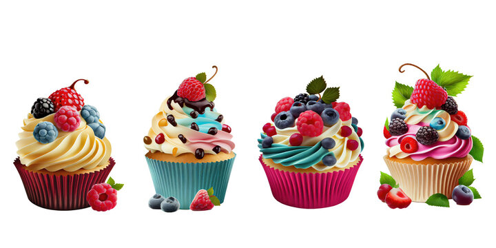Set of cupcake mixed berries on transparent background. generative Ai