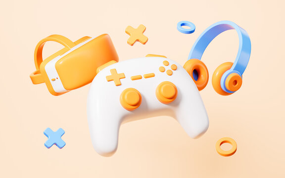 Gamepad and VR glasses virtual reality headset, 3d rendering.