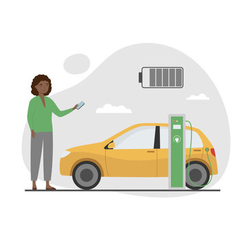 Electric car near charging station. Young woman with smartphone charges her car. Green electricity energy consumption concept. Flat cartoon style.