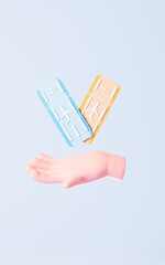 Cartoon hand and airplane tickets, 3d rendering.