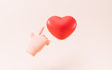 Cartoon hand and heart , 3d rendering.