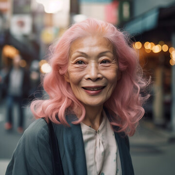 Generative ai portrait senior asiatic rebel pink hair woman looking camera serene and confident