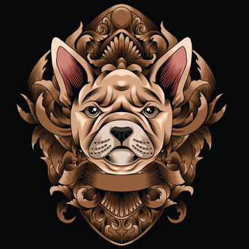 french bulldog illustration with baroque ornament