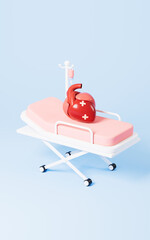 Injured heart lie on the stretcher in the pink background, 3d rendering.