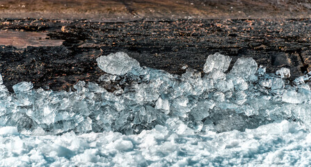 Snow, ice and water. River bank during ice drift as a natural abstract background.