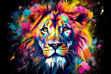 Colorful lion head on multicolored background, creative abstract background with colorful watercolor