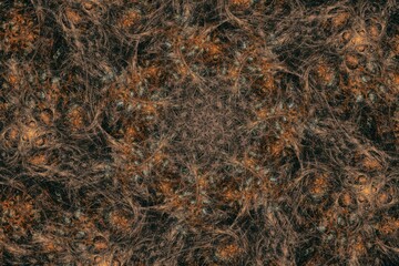 Orange pattern of crooked waves on a black background. Abstract fractal 3D rendering