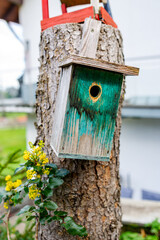 A wooden bird house mounted on a tree in the garden