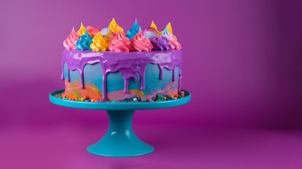 Brightly coloured birthday cake with frosting and iced decorations on a cake stand. Generative ai