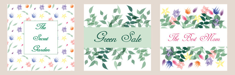 Set of elegant floral cards with seamless flowers bordure . Vector multicolored background.