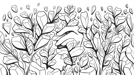 Illustration in line art style hand among branches with leaves. It can be used as art, print, pattern, coloring book, etc.