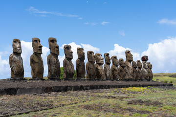 15 moai statues facing inland at Ahu Tongariki in Rapa Nui National Park on Easter Island (Rapa...
