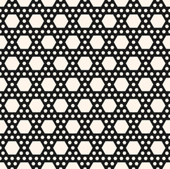 Vector monochrome texture, simple geometric black and white seamless pattern with different sized hexagons. Repeat abstract modern background. Modern design for textile, decor, print, textile, wrap