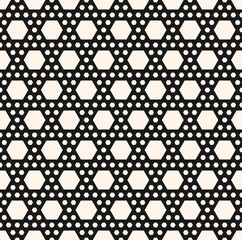 Vector monochrome texture, simple geometric black and white seamless pattern with different sized hexagons. Repeat abstract modern background. Modern design for textile, decor, print, textile, wrap