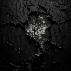 Black rock wallpaper, grunge or horror background. Old rough concrete distressed texture. The wall of the building with cracks. Crushed broken damaged surface. Created using generative AI