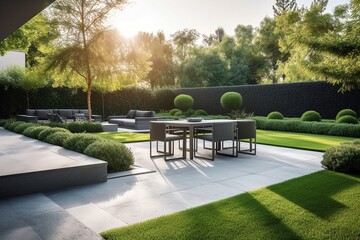 Luxurious Outdoor Dining Area in a Modern Landscaped Garden